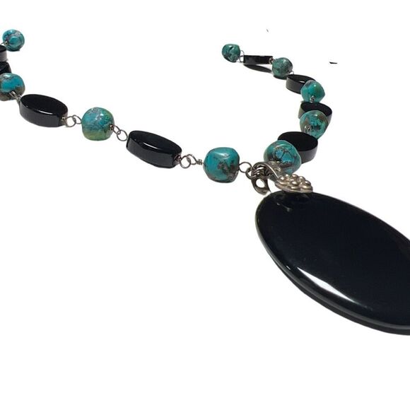 Authentic Lucas Lameth 925 Silver Natural Turquoise & Black Onyx Necklace - Picture 10 of 13